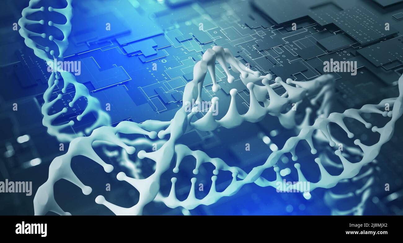 Gentechnik und Hochtechnologien. Abstrakte DNA Spirale Modell 3D Illustration. KI und Medizin der Zukunft. Computeranalyse des Genoms Stockfoto