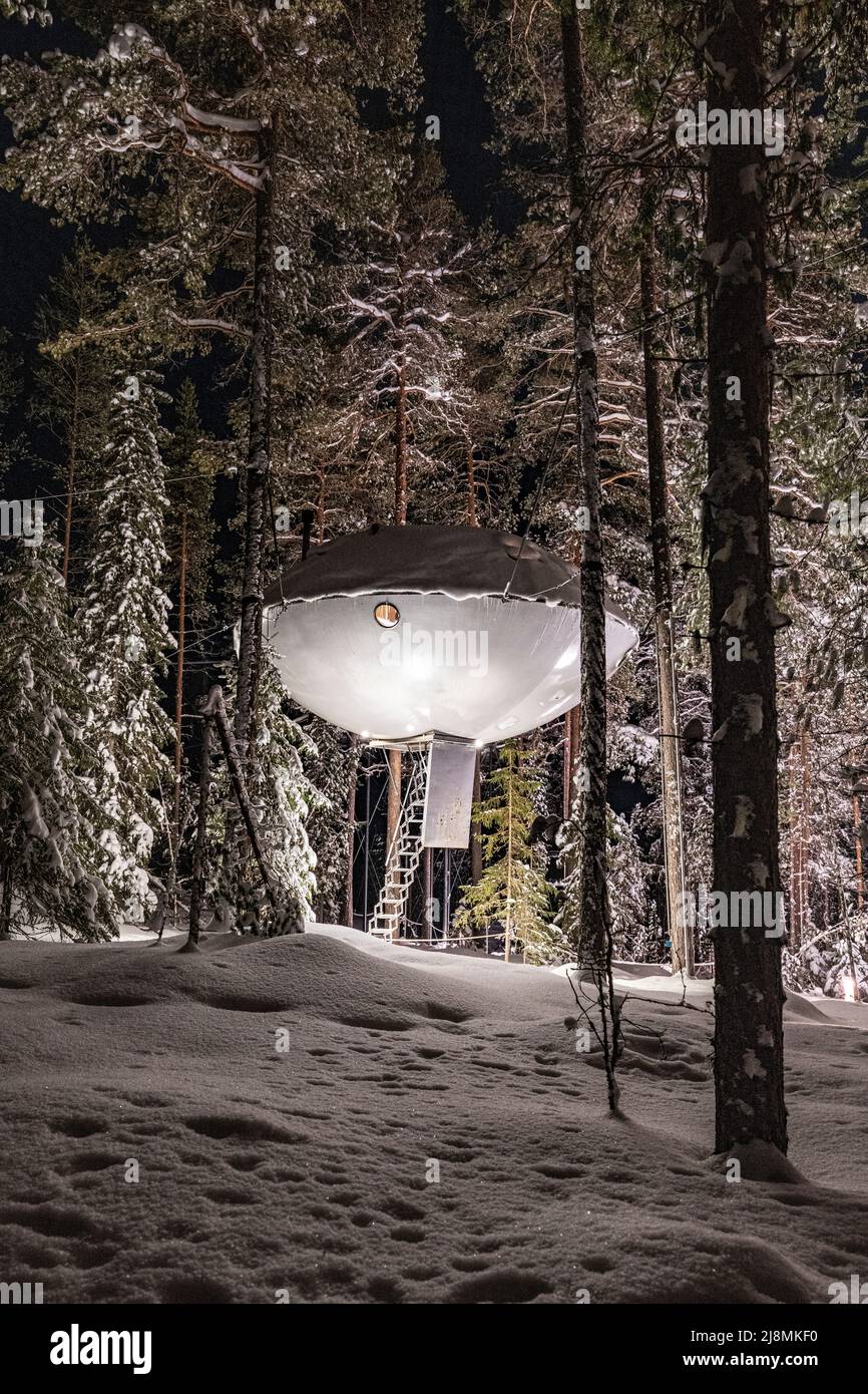 Futuristisches, UFO-förmiges Zimmer für Touristen, das zwischen hohen Bäumen im verschneiten Wald aufgehängt ist, Tree Hotel, Harads, Lappland, Schweden Stockfoto