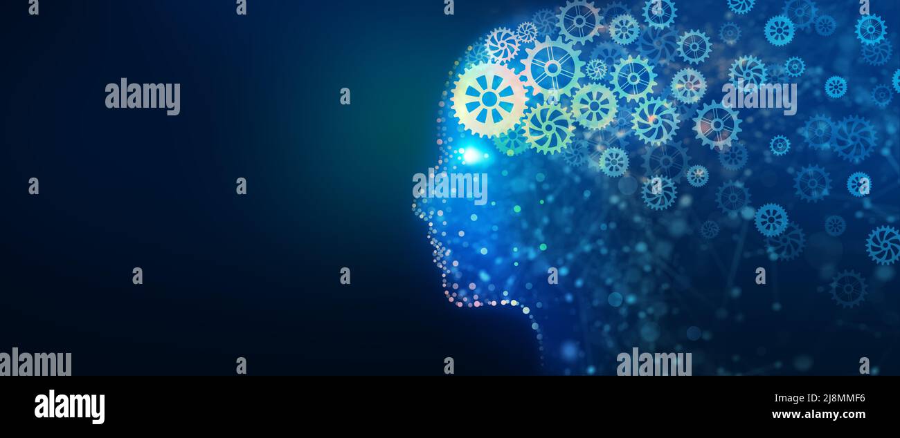 Menschlicher Kopf mit leuchtendem Zahnrad. Kreative Gehirnausrüstung, Idee, Intelligenz, Phantasie und Inspiration. Analyseinformationen, Cyber Mind. Stockfoto