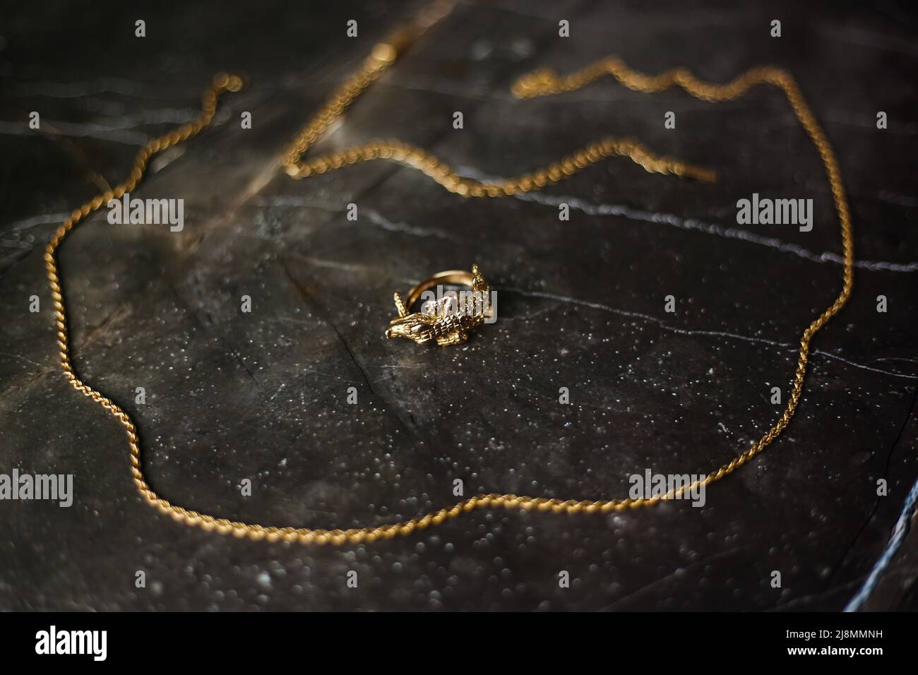 Goldring in Form eines Krokodils mit einer goldenen Kette auf dunklem Marmorboden Stockfoto