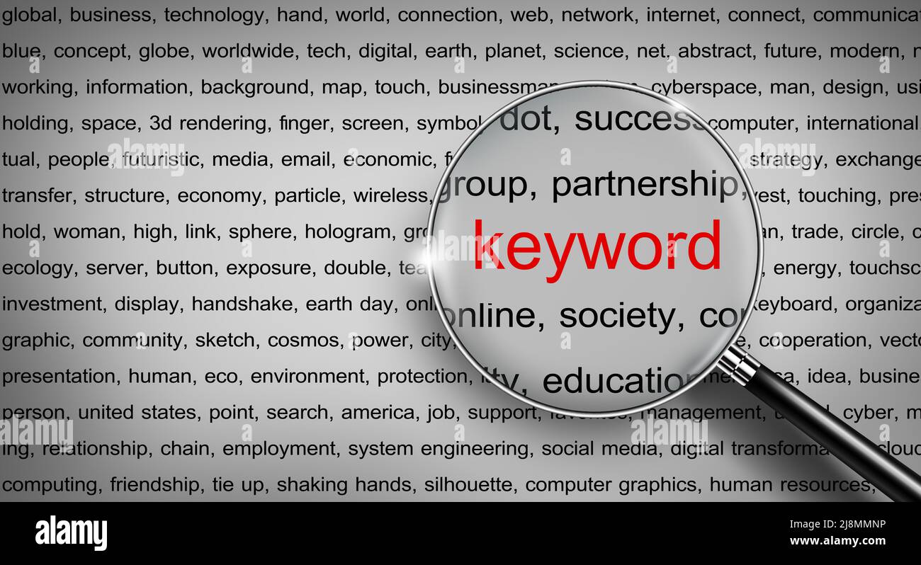 Lupe Zoom auf KEYWORD mit rot für SEO-Suchmaschinen-Optimierung und Web-Analyse. Internetdateninformationsnetzwerk wird durchsucht. Stockfoto