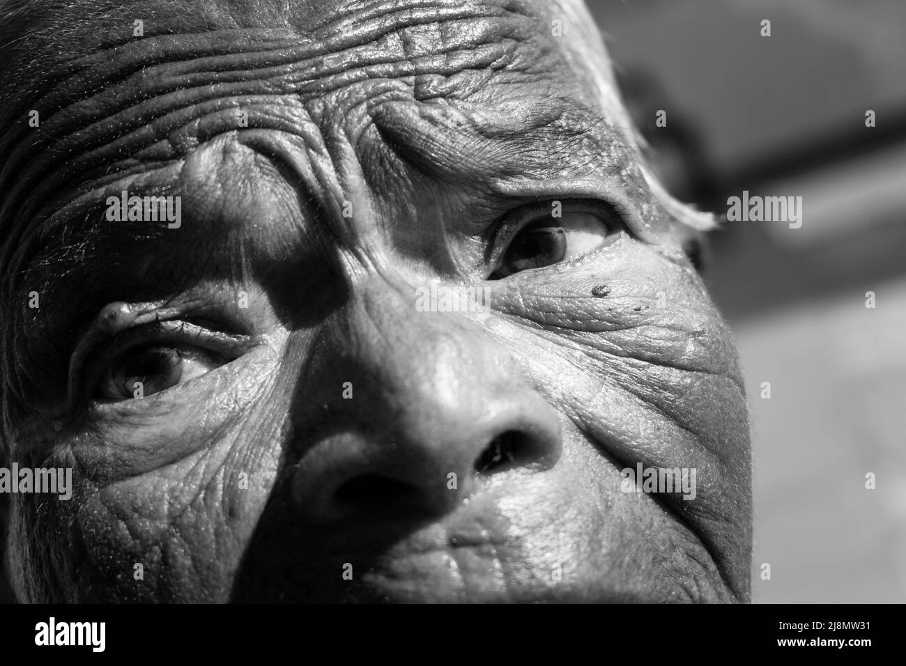20.. oktober 2020. Dehradun, Uttarakhand, Indien. Eine Nahaufnahme der Augen einer älteren indischen Frau, die verzweifelt aussicht. Faltiges Gesicht Stockfoto