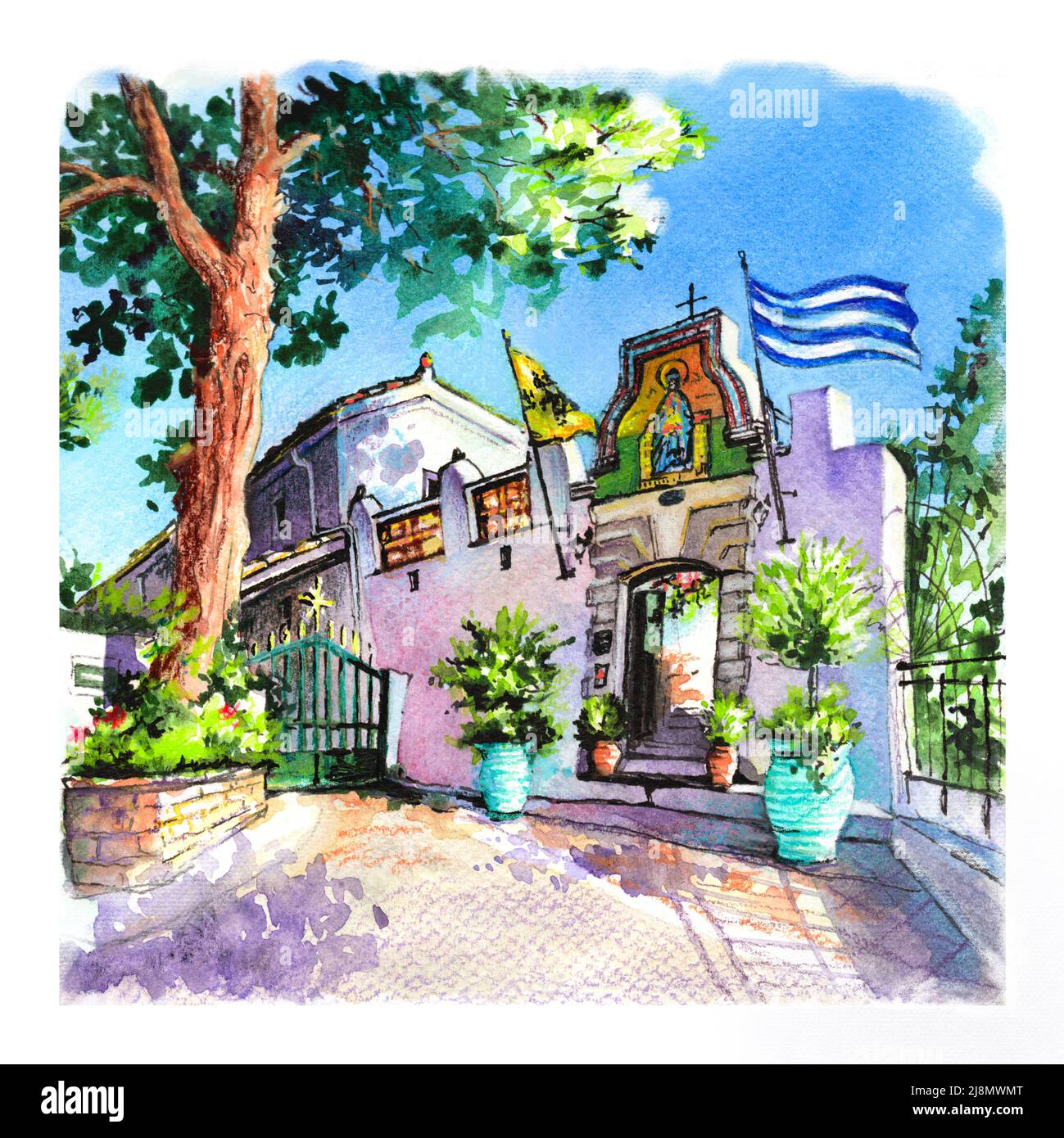Aquarellskizze des historischen Klosters von Palaiokastritsa, Korfu, Griechenland Stockfoto