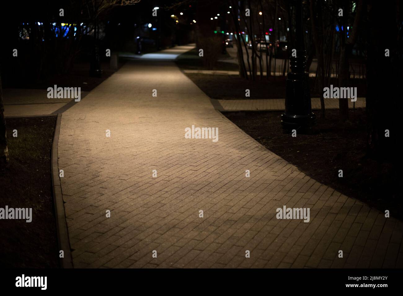 Straße im Park am Abend. Fußgängerstraße ohne Menschen. Details der Stadt. Stockfoto