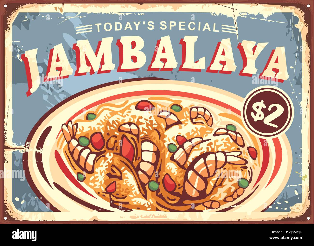Jambalaya Retro-Werbung auf alter Metallstruktur. Traditionelles Louisiana-Gericht mit Garnelen, Reis, Wurst und Gewürzen. Vektor-Zeichen für Vintage-Restaurants Stock Vektor