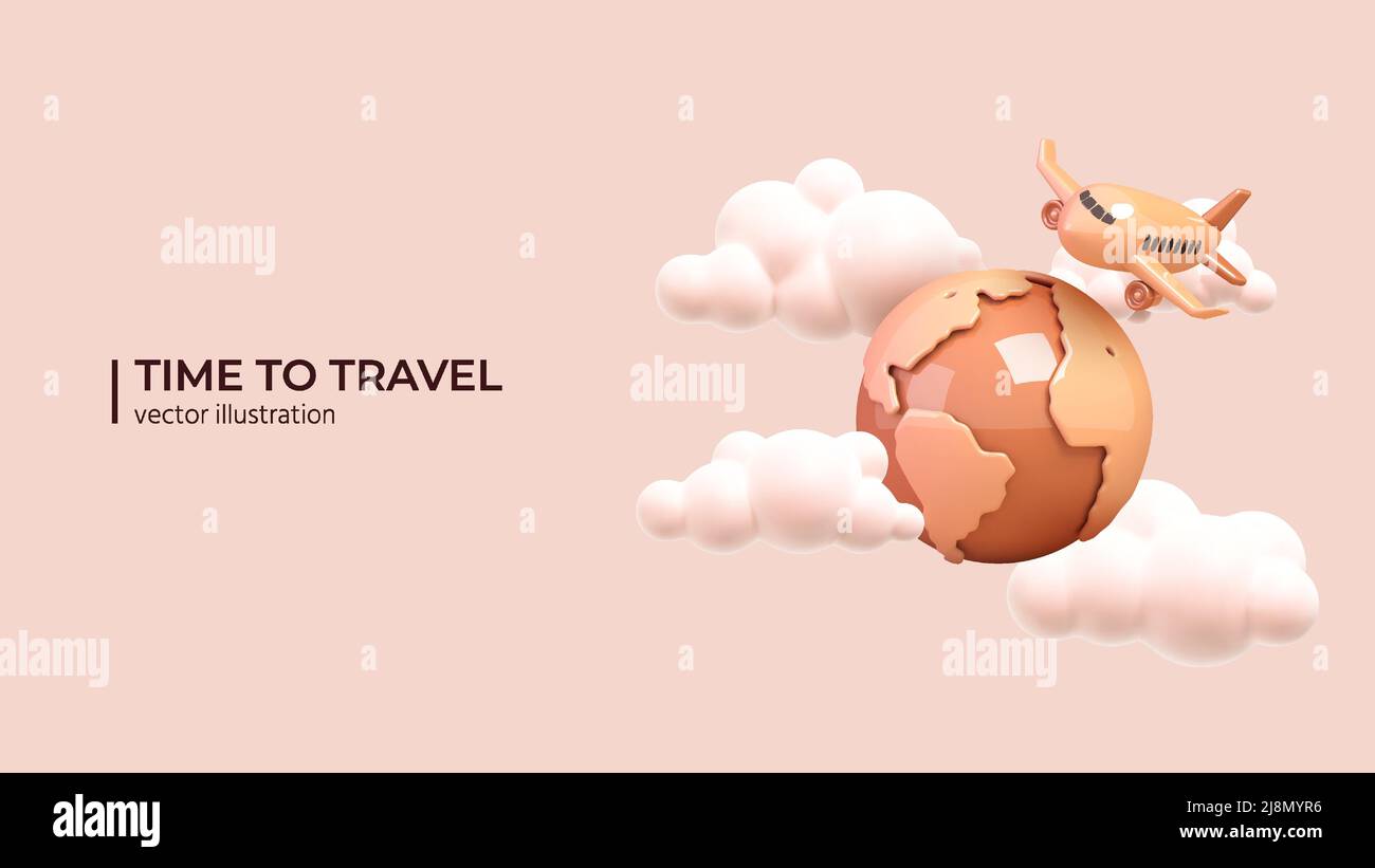 Das Flugzeug fliegt in schönen weißen Wolken um den Planeten. Realistisches 3D Design von Travel Concept in Cartoon Minimal Style. Vektorgrafik Stock Vektor