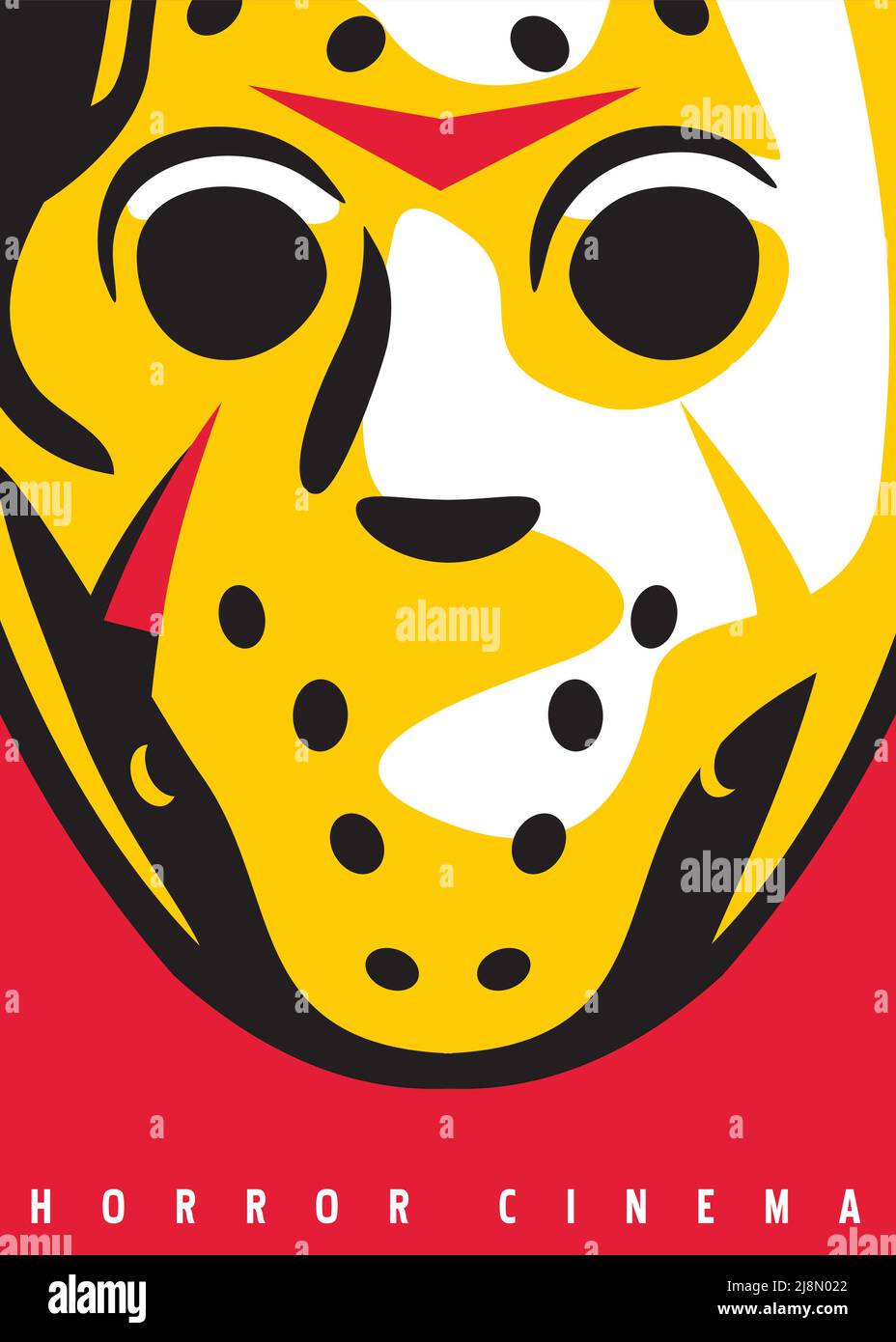 Stilisierte Horror Maske Grafik. Horrorfilme Kino Festival Poster mit Hockey Torwart Maske Illustration. Künstlerisches Vektorposter. Stock Vektor