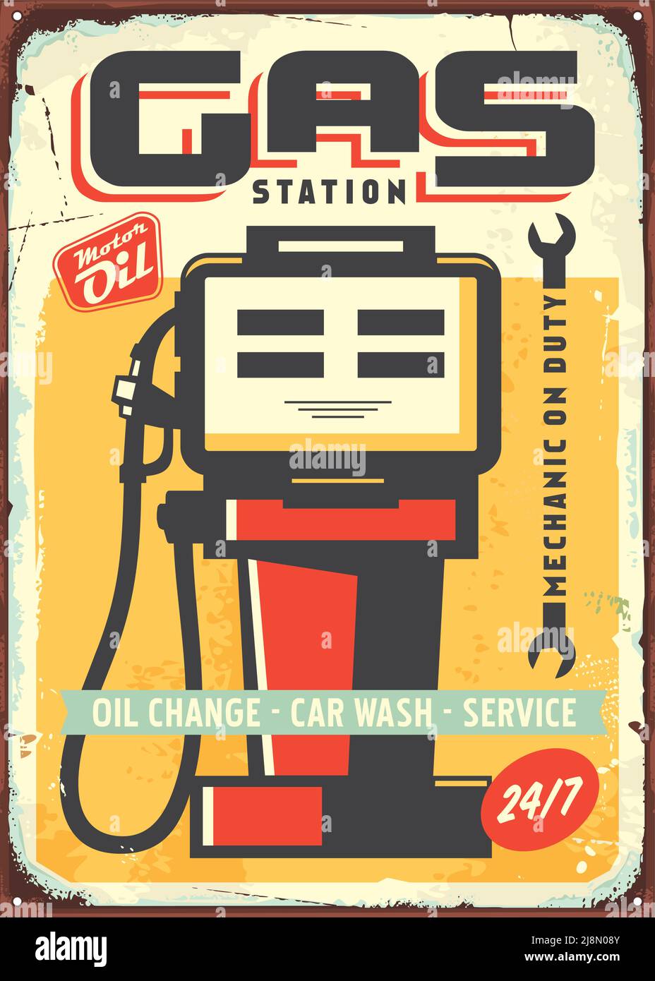 Tankstelle Vintage Metall Zeichen Design mit grunge beschädigte Textur. Grafik für Kraftstoff- und Benzinvektoren. Stock Vektor