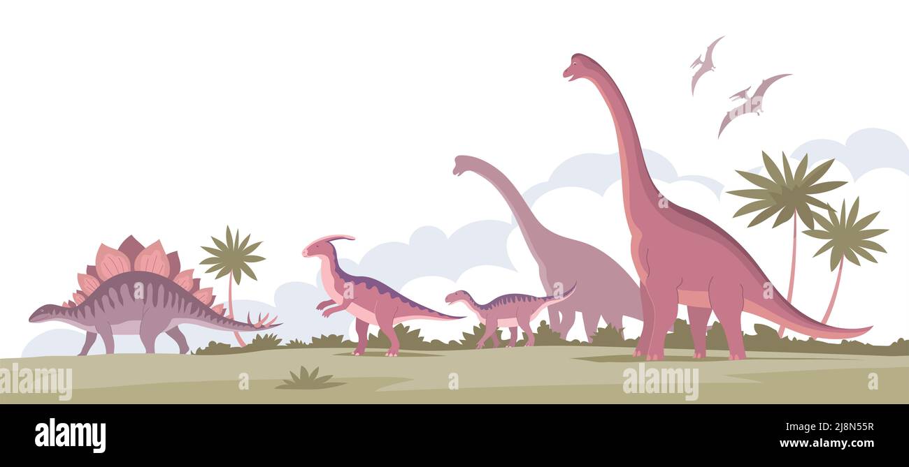 Großer Brachiosaurus mit langem Hals, parasaurolophus, Stegosaurus. Herbivorer Dinosaurier aus der Jurassischen Zeit. Cartoon-Illustration. Prähistorischer pango Stockfoto