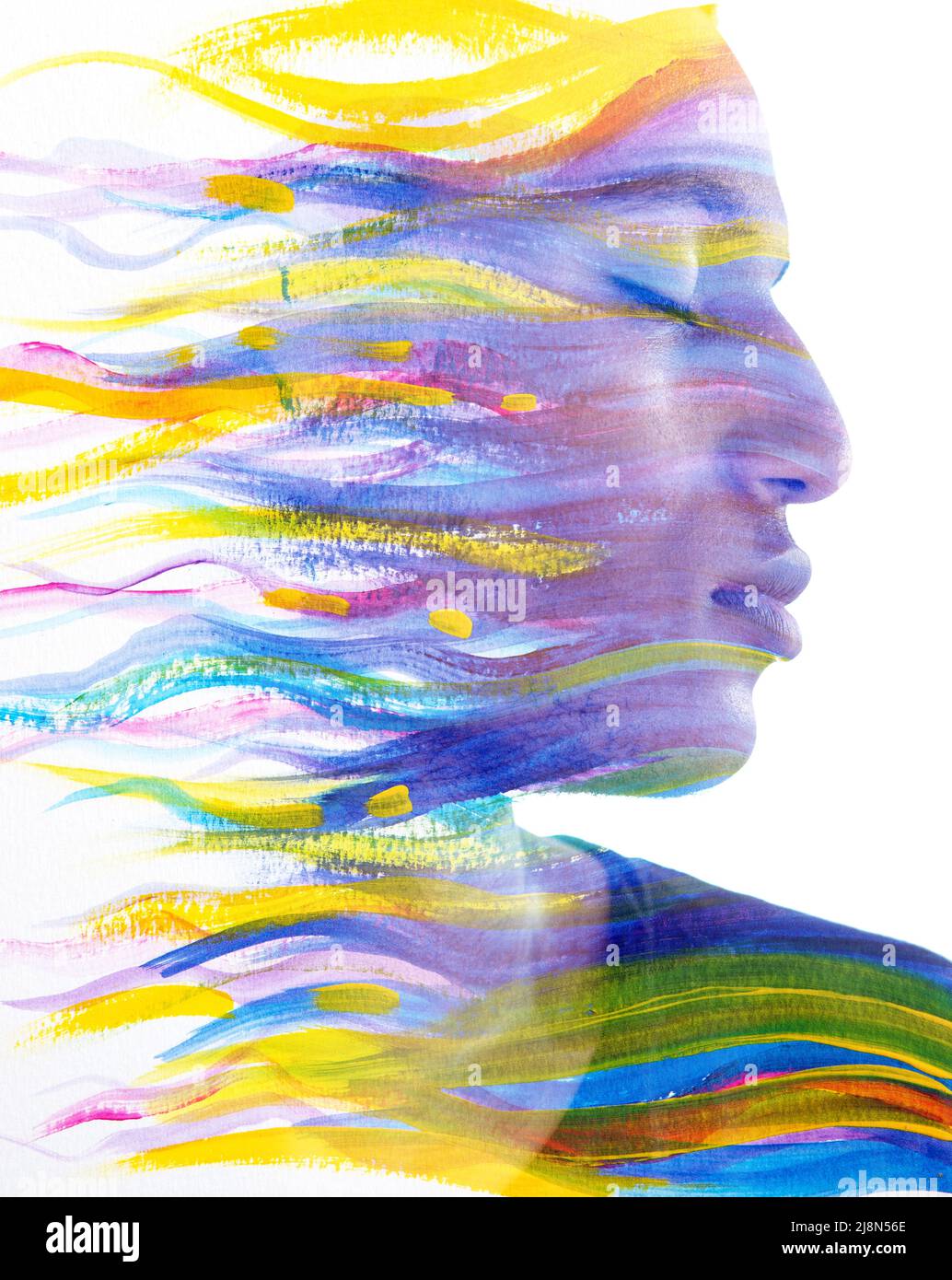 Paintographie. Ein Porträt eines Mannes kombiniert mit langen bunten Pinselstrichen Stockfoto