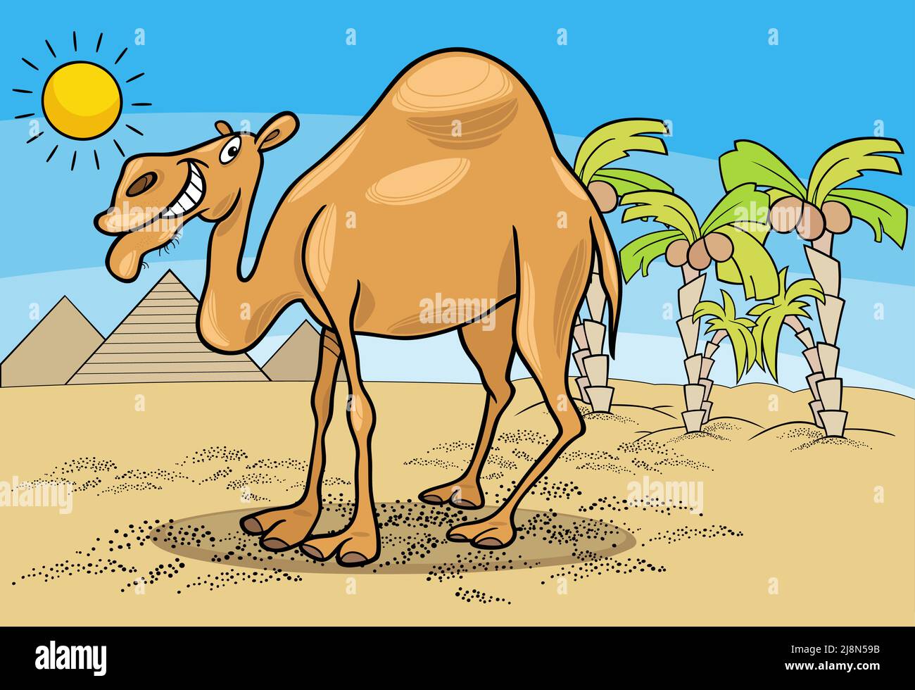 Cartoon-Illustration von Dromedar Kamel Tier Charakter in der Wüste mit Pyramiden Stock Vektor