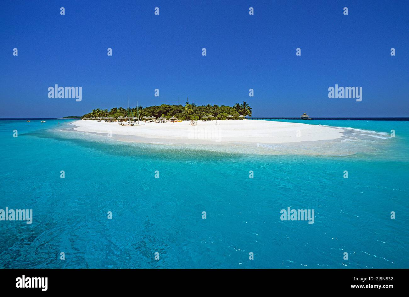 Die maledivische Insel Reethi Beach, umgeben von einer kristallklaren türkisfarbenen Lagune, Baa-Atoll, Malediven, Indischem Ozean, Asien Stockfoto