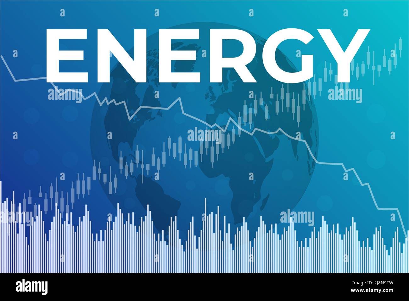 Sektor-Energie-Kurs am Aktienmarkt Grafik auf blauem Finanzhintergrund mit Linie, Chart, Kerzenständer, Globenkarte, Indikator Stock Vektor