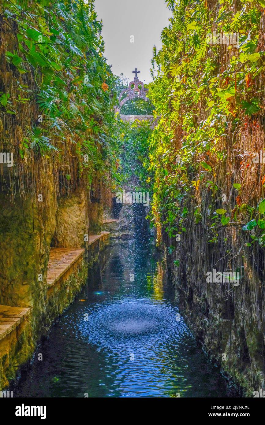 Ein wunderschöner Kanal, der zu unterirdischen Cenoten in Hacienda-Cenotes Mucuyuche, Yucatan, Mexiko führt Stockfoto