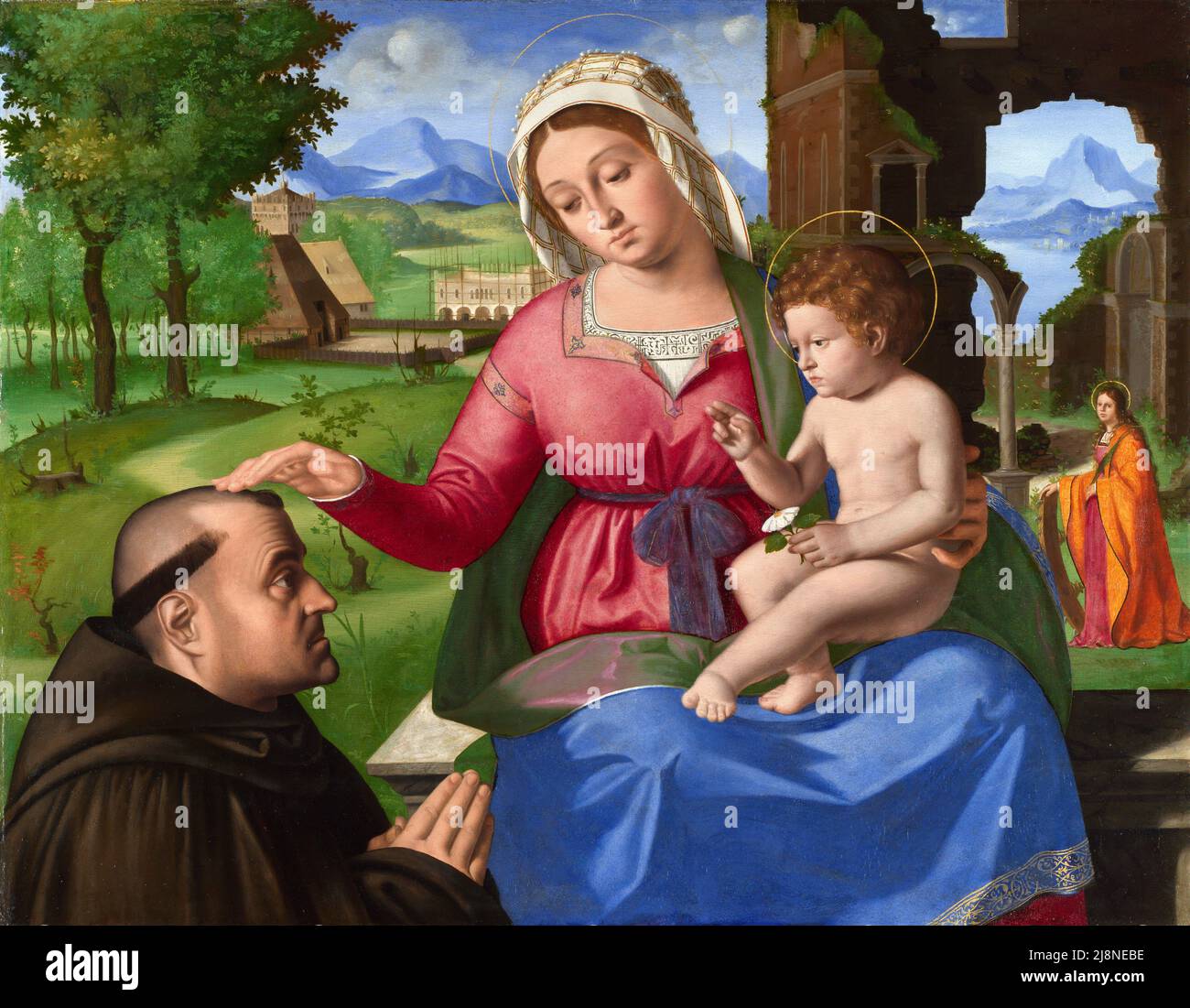 Die Jungfrau und das Kind mit einem Tonversicherer Supplicant und St. Katharina von der italienischen Renaissance-Künstler, Andrea Previtali (c. 1480 –1528), Öl auf Holz, c. 1505/6 Stockfoto