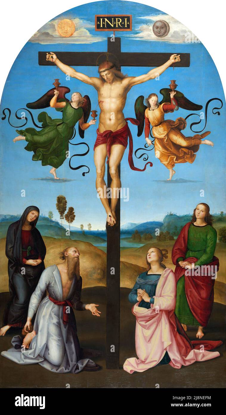 Raphael. Der gekreuzigte Christus mit der Jungfrau Maria, Heiligen und Engeln (die zweite Kreuzigung) von Rafaello Sanzio da Urbino (1483–1520), Öl auf Pappel, c. 1502-03 Stockfoto