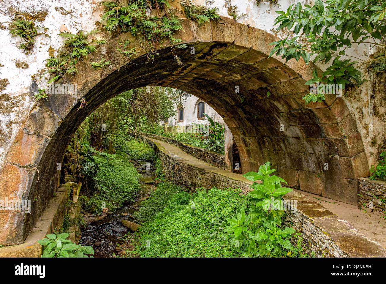 Alter historischer Steintunnel, der durch Vegetation und alte Häuser im Kolonialstil in der historischen Stadt Ouro Preto im Bundesstaat Minas Gerais führt. Stockfoto