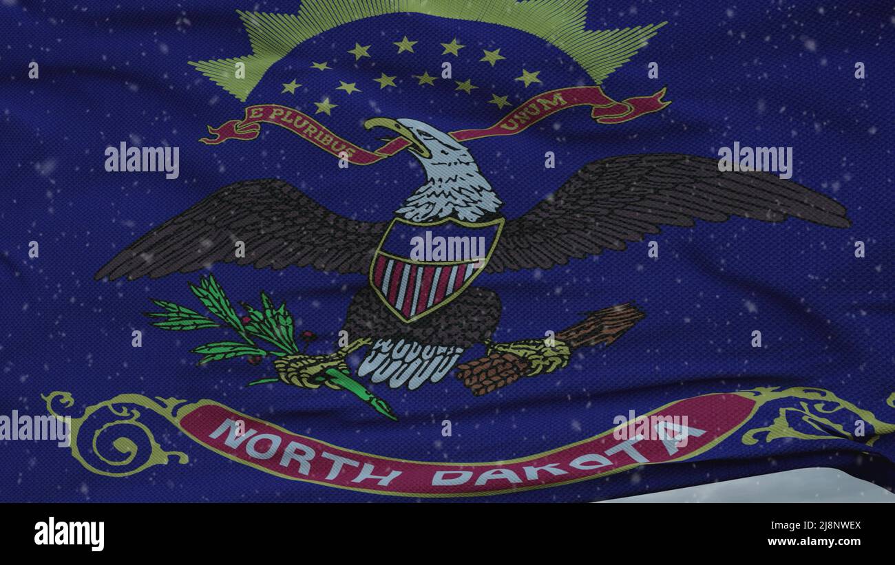 North Dakota Winterflagge mit Schneeflocken Hintergrund. Vereinigte Staaten von Amerika. 3D Rendern Stockfoto