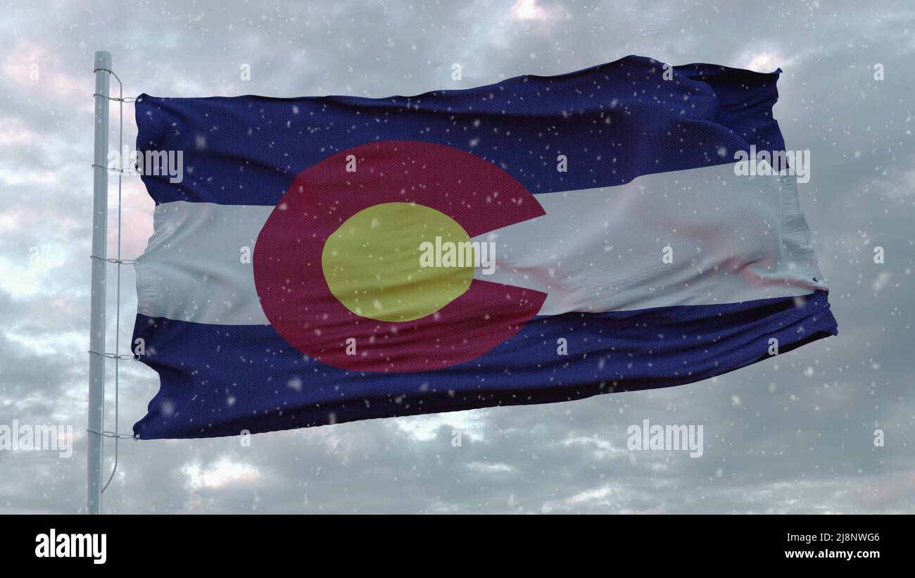 Colorado Winterflagge mit Schneeflocken Hintergrund. Vereinigte Staaten von Amerika. 3D Rendern Stockfoto