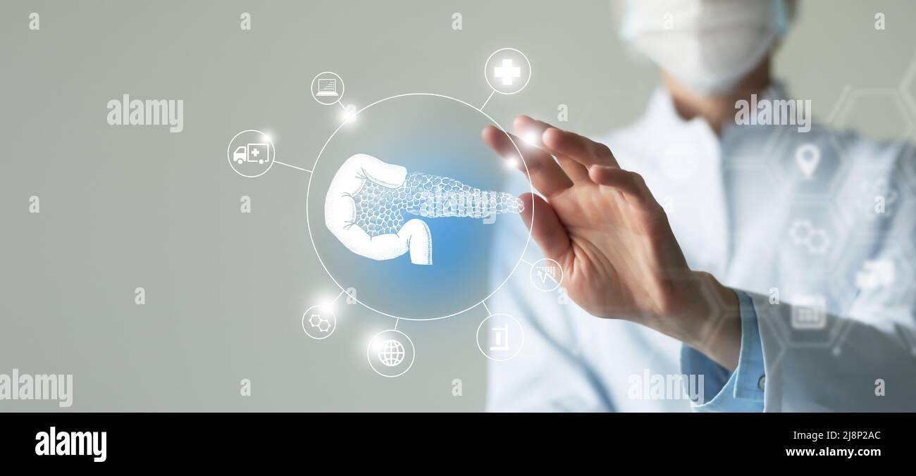 Telemedizin und Human Pankreas Recovery Konzept. Neutrale Farbpalette, Kopierbereich für Text. Stockfoto