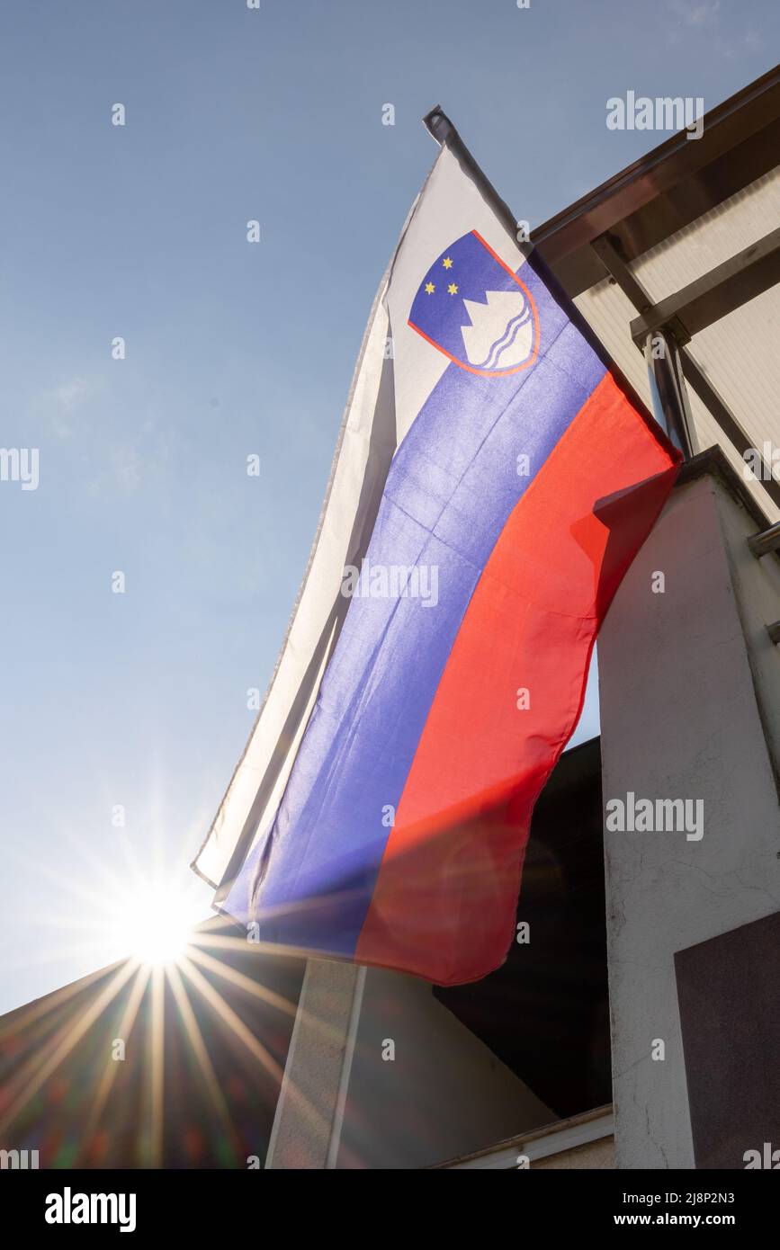 Slowenische Nationalflagge winkt im Wind mit Sonne s Stockfoto