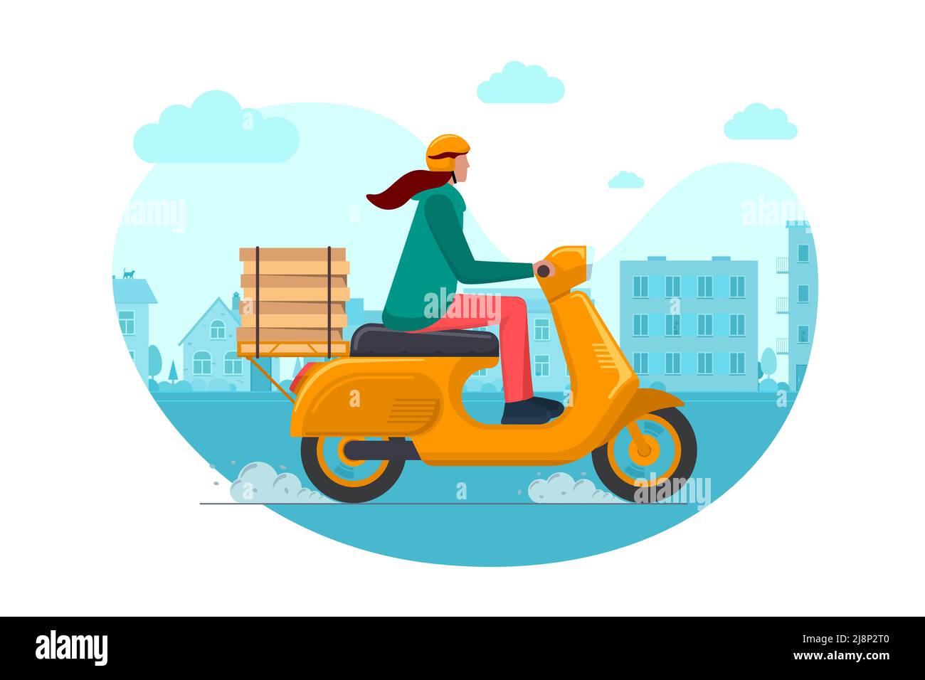 Express Town Pizza Lieferung auf Bestellung Service Frau Kurier auf Moped. Schnelle logistische weibliche auf orangen Motorroller liefern Lebensmittel-Box auf Stadtbild Straße. Waren tragen von Mädchen Vektor eps Illustration Stock Vektor