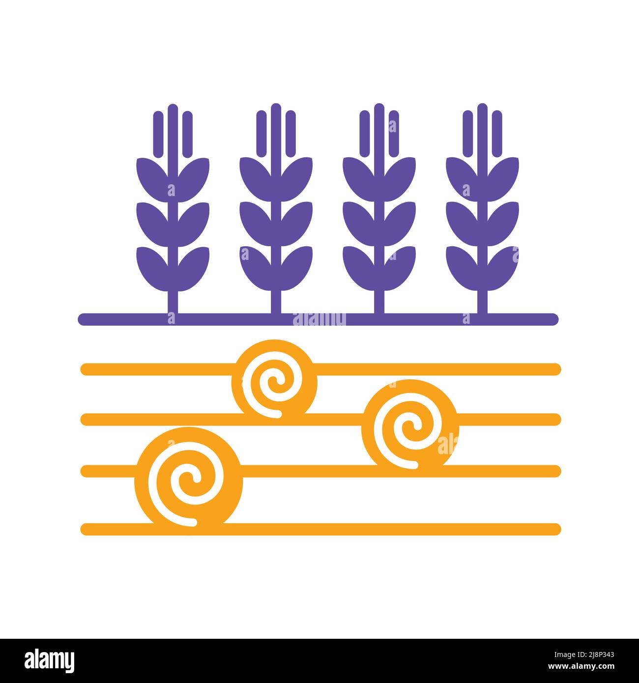 Ähren von Weizen, Gerste oder Roggen auf dem Feld und runde Heuballen Glyphen-Symbol. Zeichen Landwirtschaft. Graph-Symbol für Ihr Website-Design, Logo, App, UI. Vektor i Stock Vektor