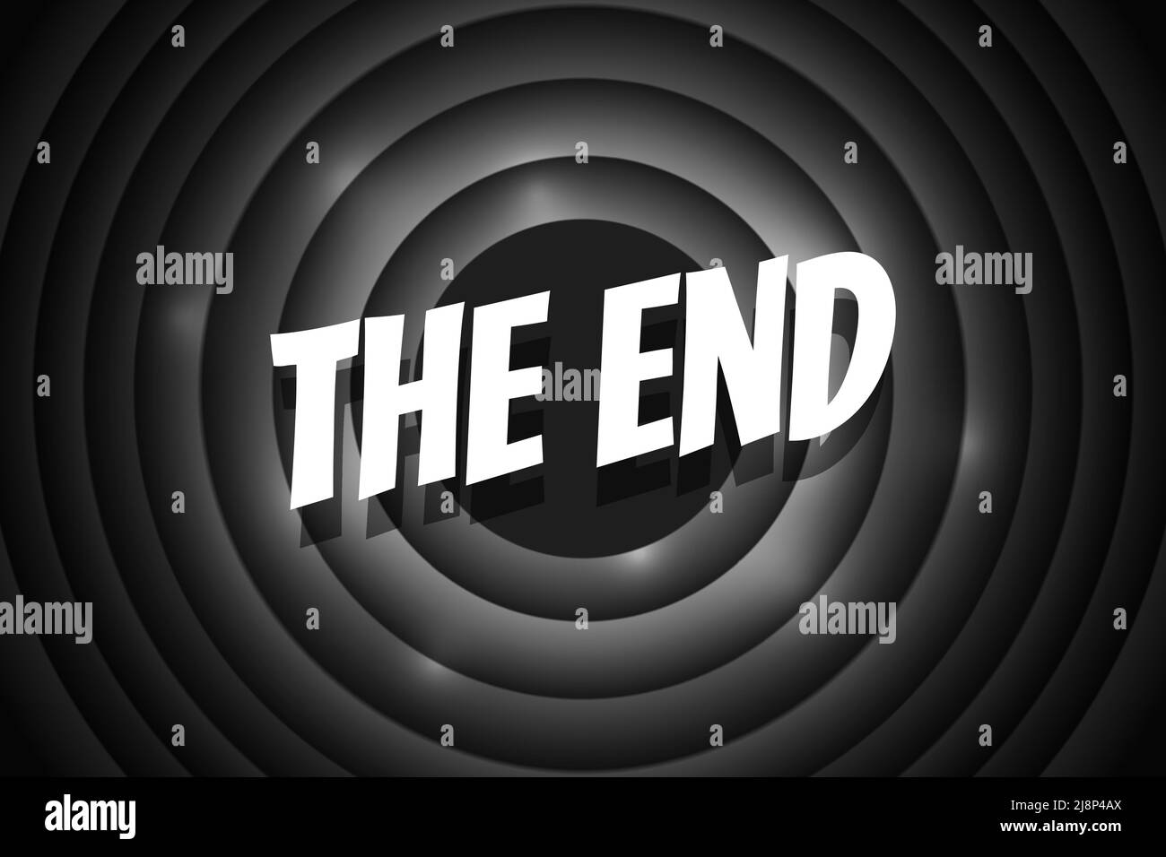 Der Ende Comic-Stil Text auf schwarzem Kreis Retro-Kino-Leinwand. Weißer Titel auf dem Hintergrund des alten Stummfilms. Werbebotschaft Noir-Banner. Vektorgrafik eps Stock Vektor