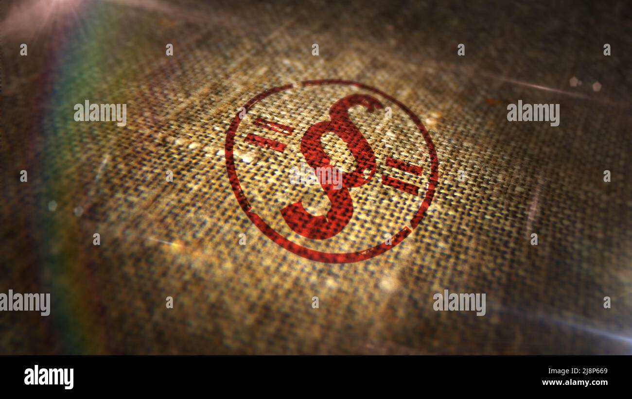 Absatzstempel auf Leinensack gedruckt. Recht, Gerechtigkeit und Gesetzgebung regeln Symbolkonzept. Stockfoto