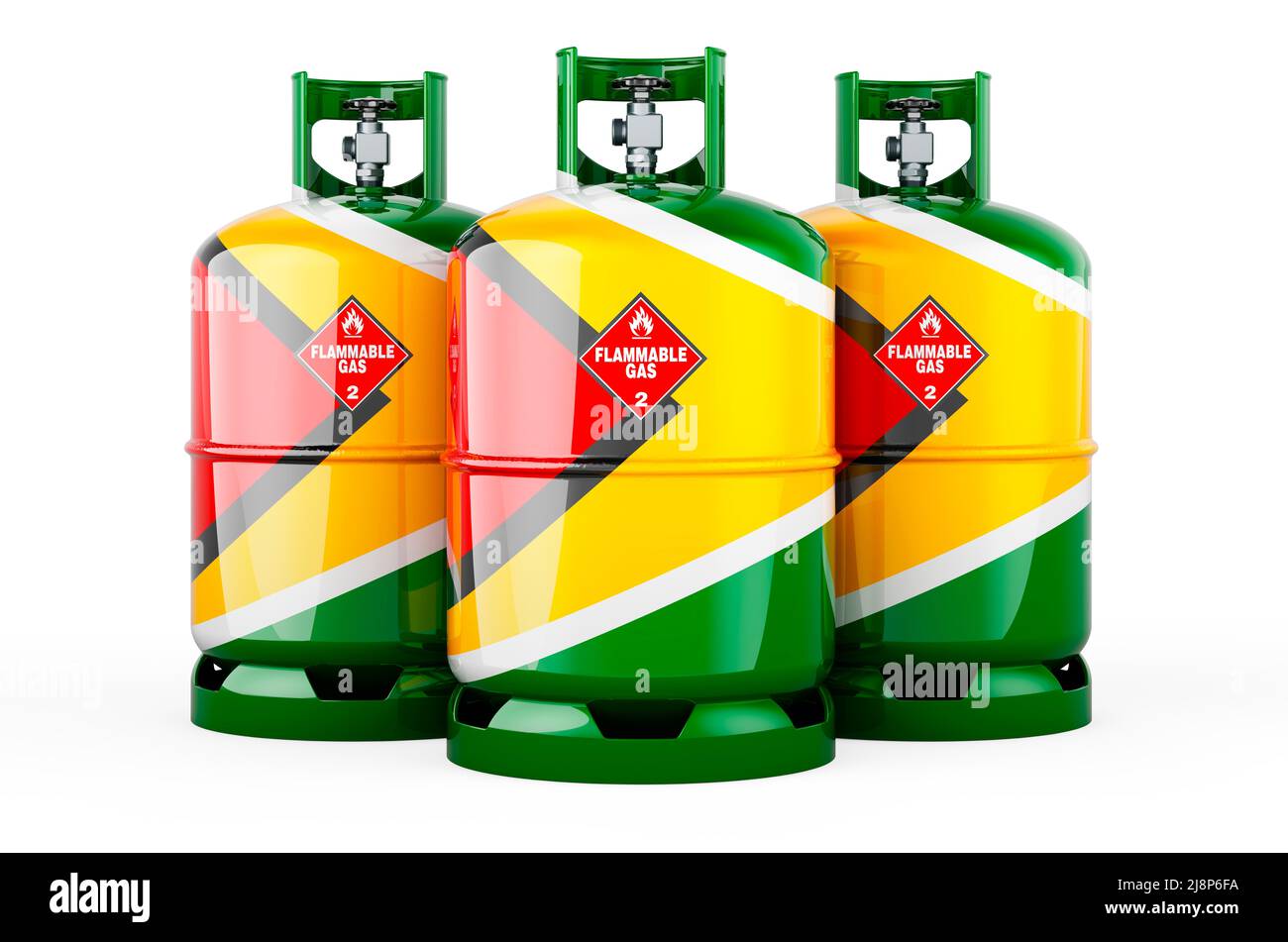 Guyanische Flagge auf den Propangasflaschen mit komprimiertem Gas, 3D isoliert auf weißem Hintergrund Stockfoto