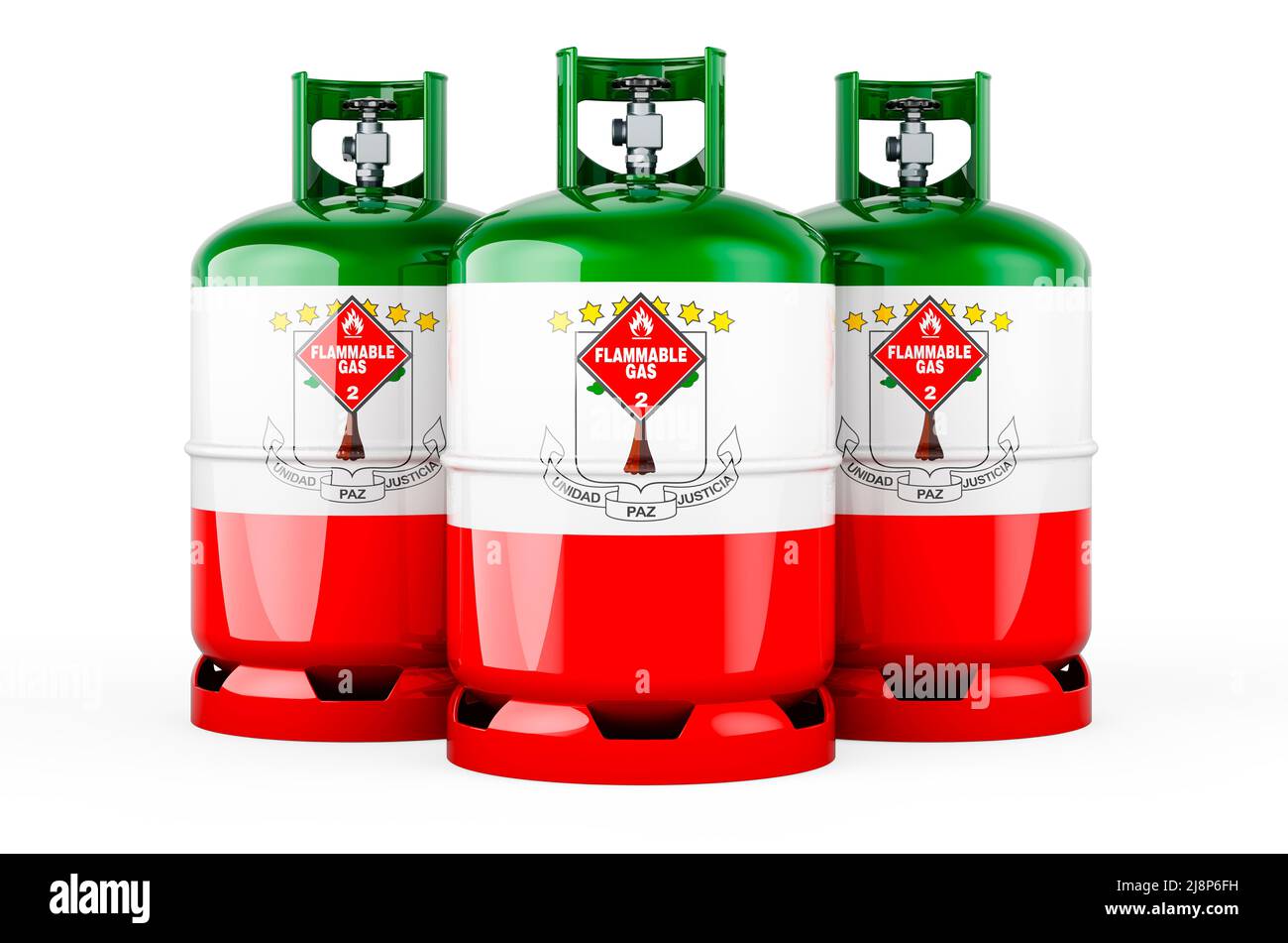 Äquatoguineaflagge auf den Propangasflaschen mit komprimiertem Gas, 3D isoliert auf weißem Hintergrund Stockfoto