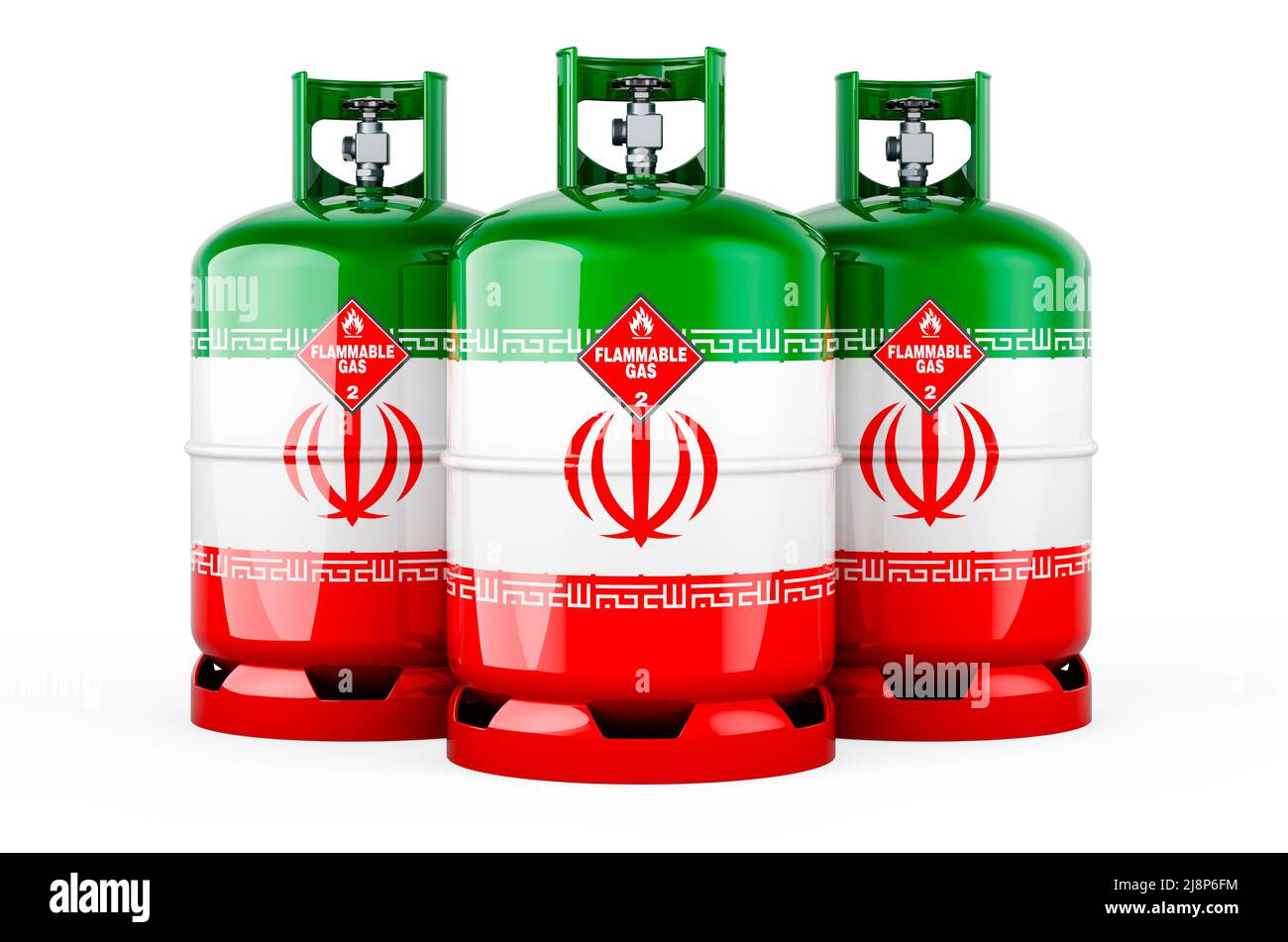 Iranische Flagge auf den Propangasflaschen mit komprimiertem Gas gemalt, 3D Rendering isoliert auf weißem Hintergrund Stockfoto