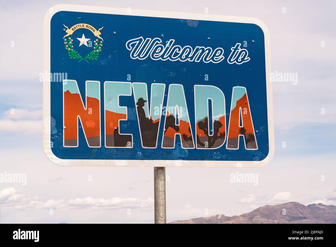 Willkommen in Nevada Schild entlang der Autobahn an der Staatsgrenze Stockfoto