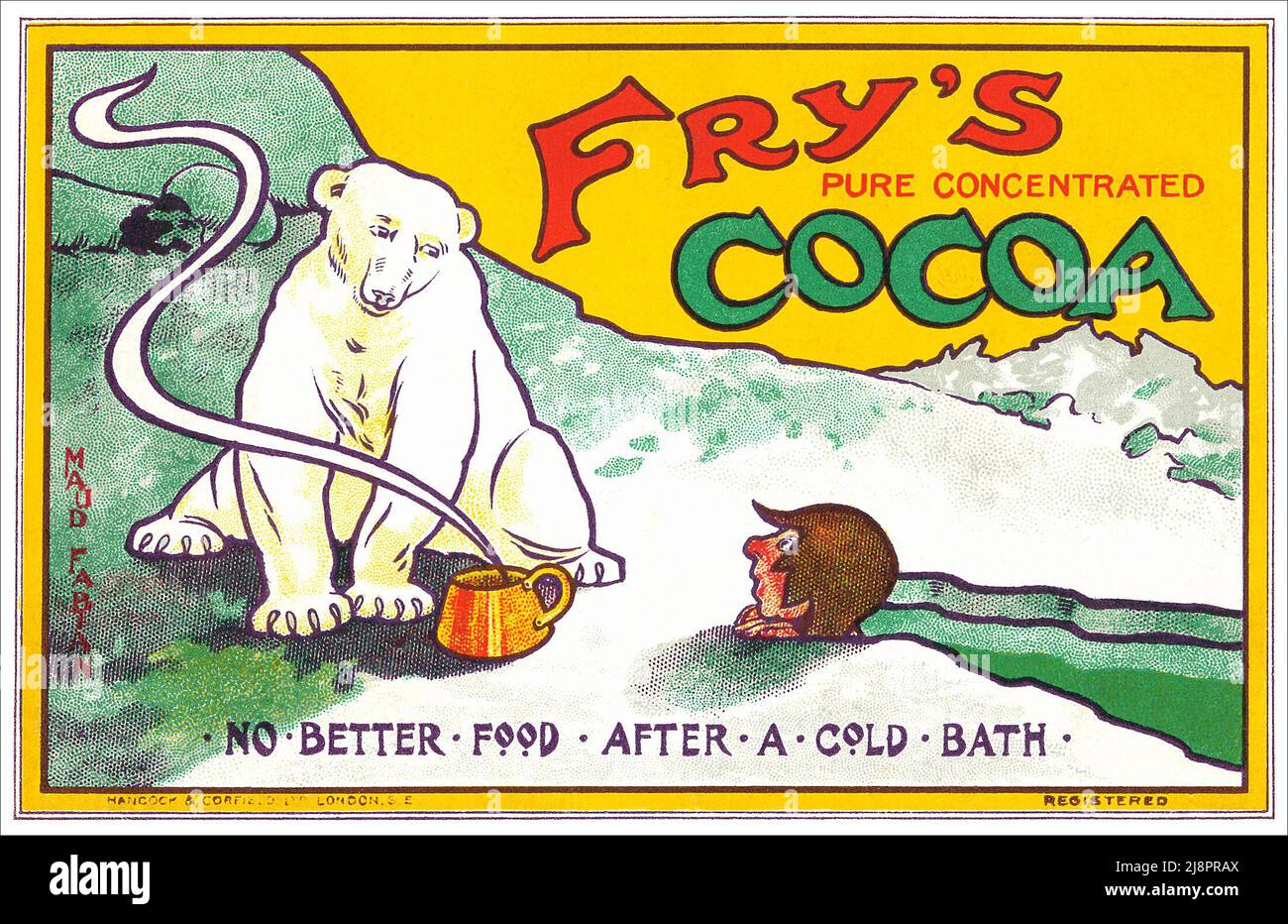 Vintage-Zeitschrifteneinlage mit Werbung für Fry's Cocoa. Illustration von Maud Fabian. Stockfoto