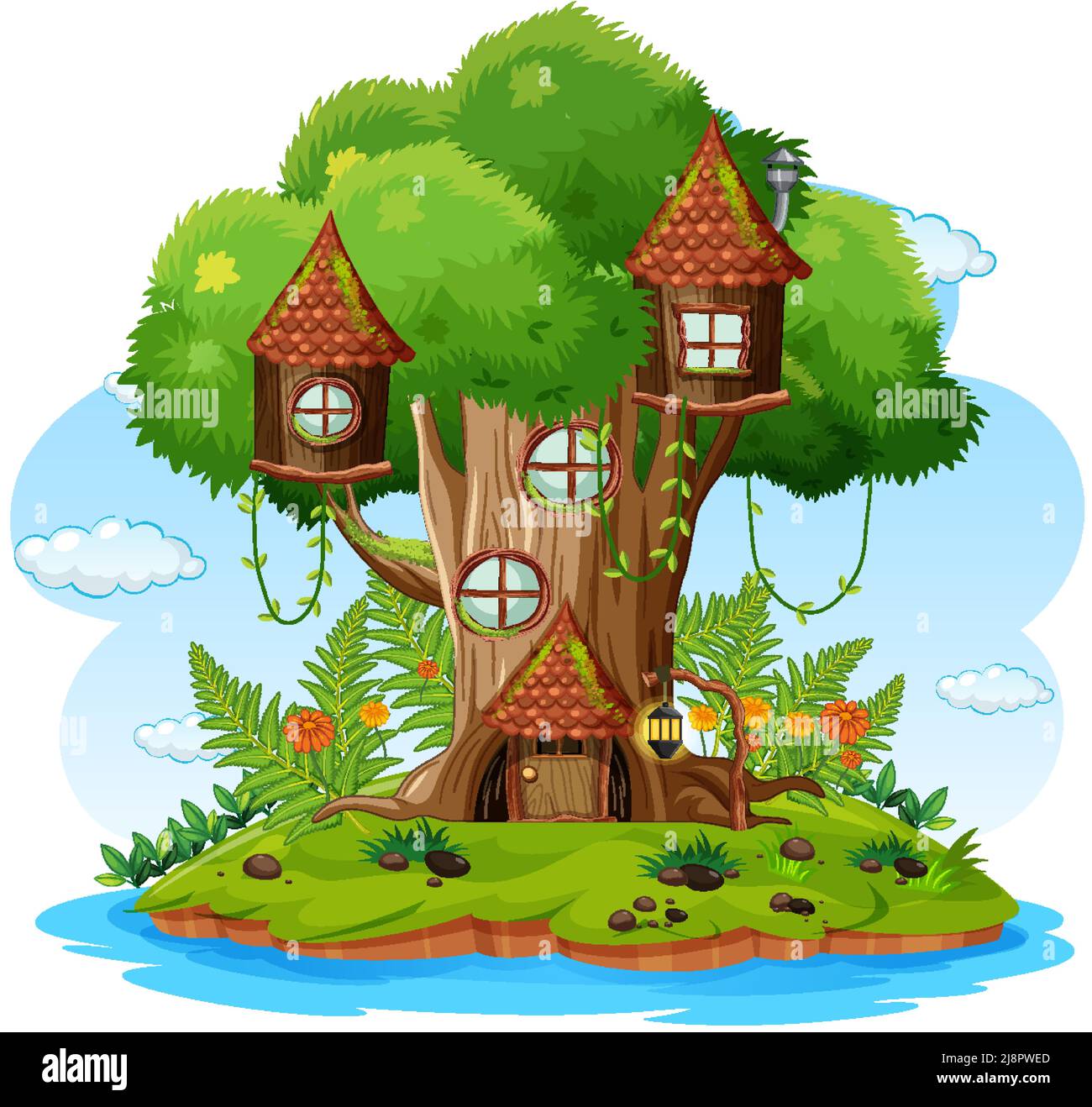 Fantasy Baumhaus im Wald Illustration Stock Vektor