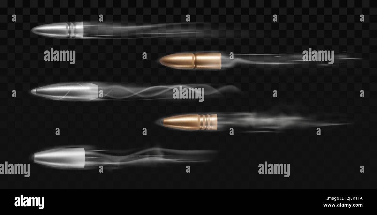 Geschosse mit Rauchspuren auf transparentem Hintergrund abgefeuert. Vector realistische Satz von 3D Metall- und Messingkugeln verschiedene Geschosse mit Bewegung Stock Vektor