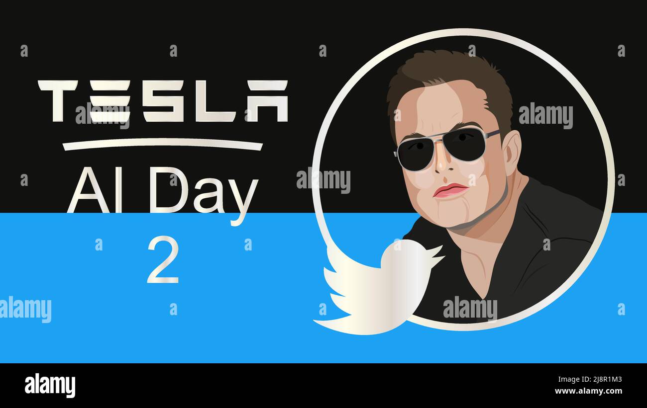Am 18. Mai 2022 gab Elon Musk auf seinem Twitter-Account das Datum des berühmten Tesla AI Day bekannt. Illustration Porträt von Elon Musk Stock Vektor