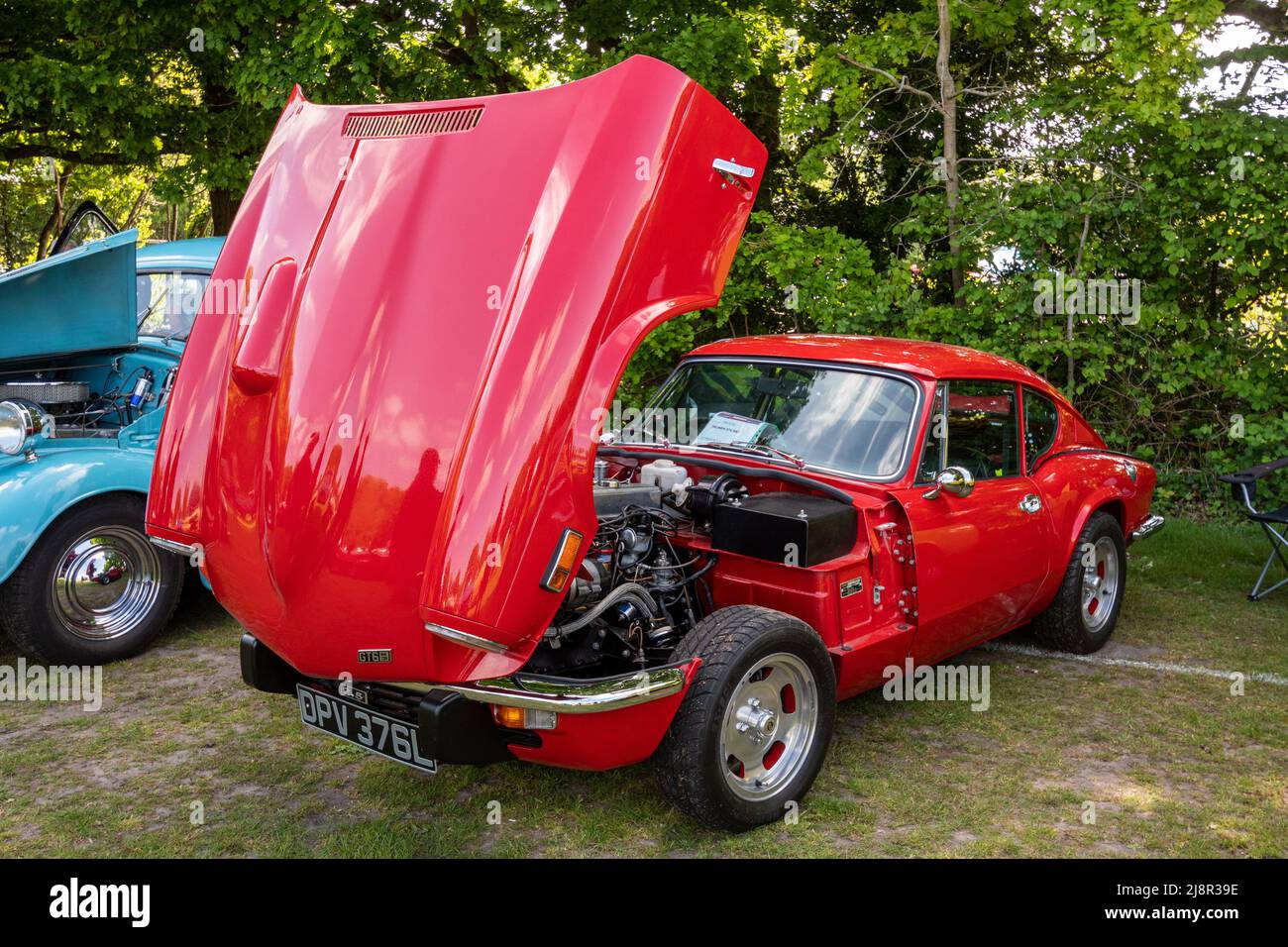 1973 roter Triumph GT6 MK3 Oldtimer auf der Surrey Heath Show, Surrey, England, UK Stockfoto