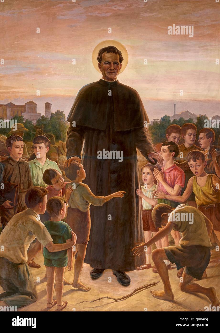 San Giovanni Bosco con i fanciulli - tempera su tavola - Mario Umberto Soriani - 1957 - Melara (RO),Italia, chiesa di S. Materno Stockfoto