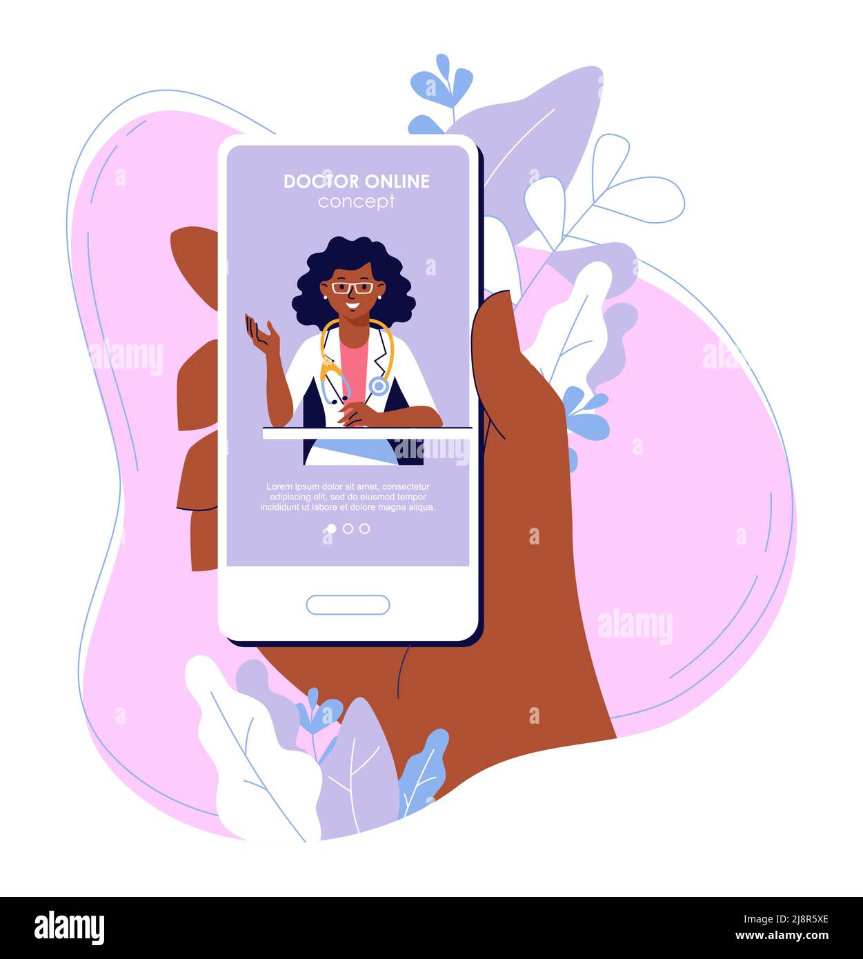 Online-Medizin-Konzept mit schwarzer Ärztin und Smartphone-App. Stock Vektor
