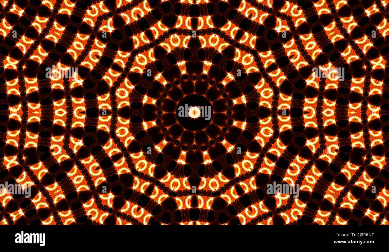 Warmgelbes Kaleidoskop. Im Herbst Mit Spiralmuster Und Tie-Dye-Muster. Kaleidoskopische Textur. Zigeunerkleid. Warme Farben Farbmix-Design. Indonesischer Stoff In Warmen Farben Stockfoto