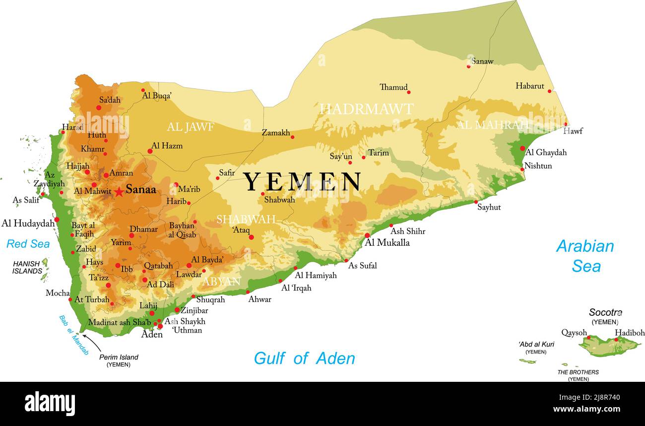 Hochdetaillierte physische Karte des Jemen im Vektorformat, mit allen Reliefformen, Regionen und großen Städten. Stock Vektor