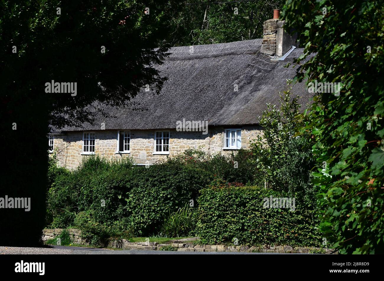 Strohgedeckte Hütten im Dorf Litton Cheyney in West Dorset, Großbritannien Stockfoto