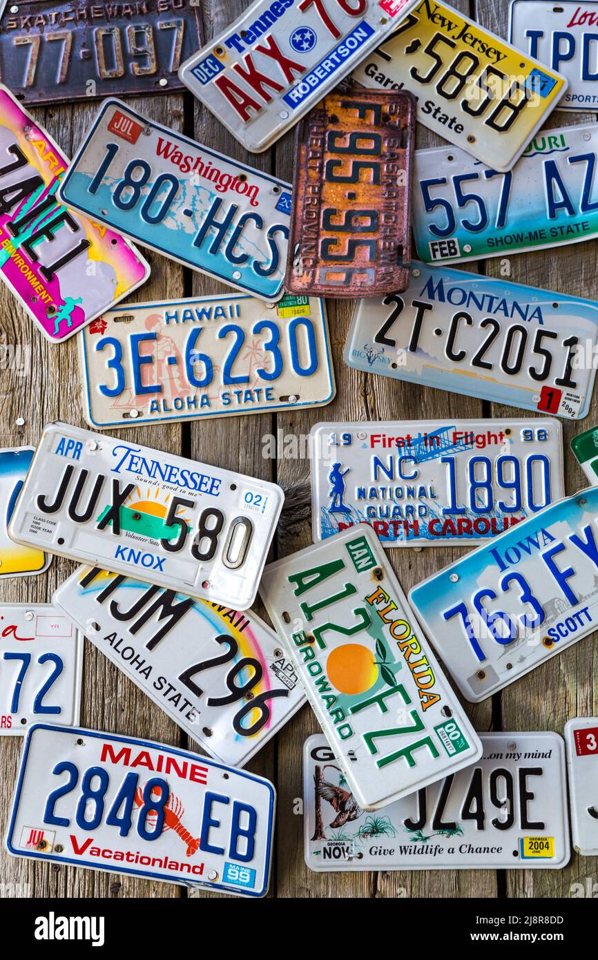 Bar Harbor, Maine, USA - August 28 2014: Alte Kfz-Kennzeichen an einer Wand in Bar Harbor. In den Vereinigten Staaten hat jede Gerichtsbarkeit ein einzigartiges Design, Stockfoto