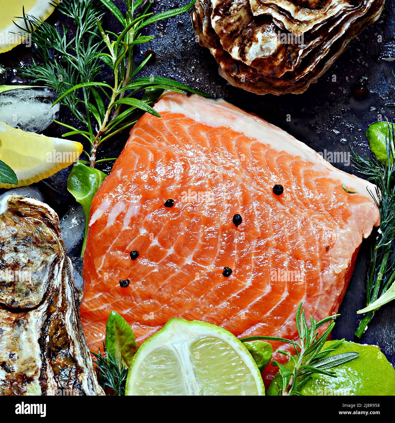 Frisches Fischsteak mit rotem Lachs (Forelle), frischen Austern, Kräutern, Zitrone und Limette. Rohe frische Meeresfrüchte flach, Zitrusfrüchte und Gewürze auf dunklem Hintergrund. Stockfoto