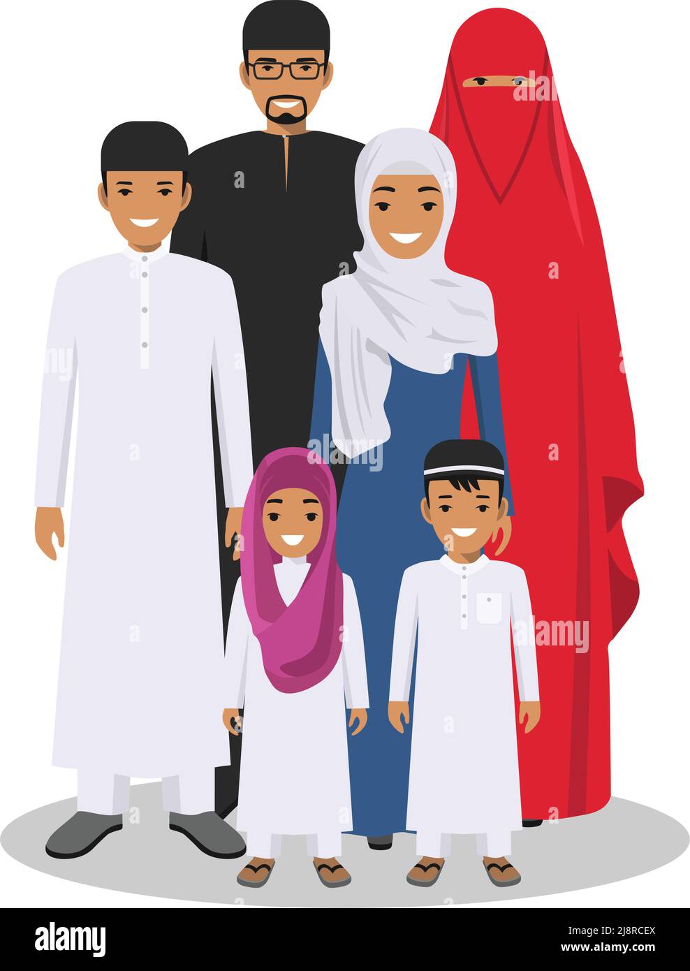 Alle Altersgruppen der arabischen Männerfamilie. Generationen Mensch. Araber, Vater, Mutter, Sohn und Tochter, stehen in traditionellen islamischen Kleidern zusammen. Soc Stock Vektor