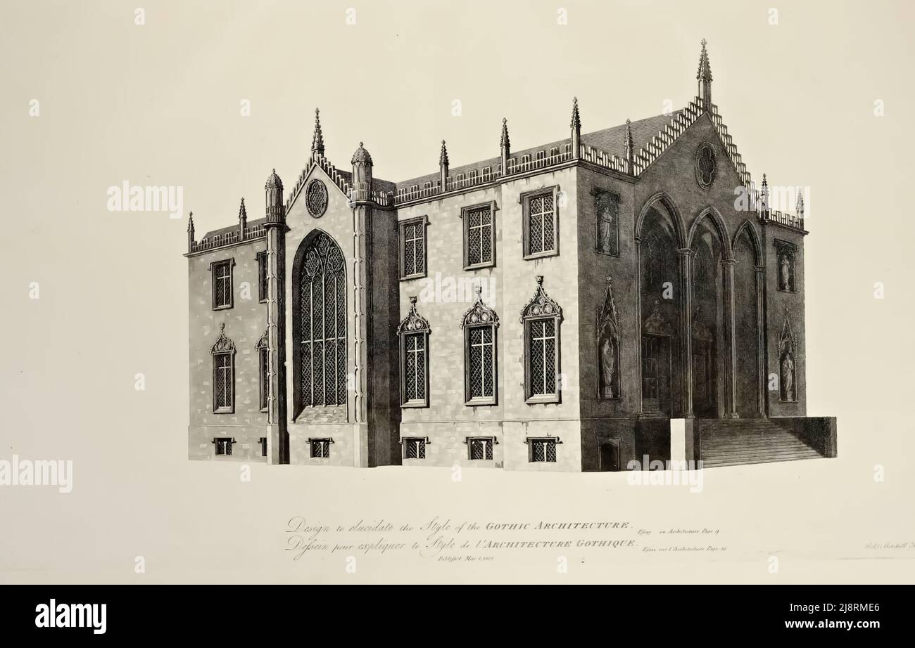 Gothic Style Architecture aus dem Buch "Pläne und Ansichten in Perspektive, mit Beschreibungen, von Gebäuden in England und Schottland errichtet : und auch ein Essay, um die griechische, römische und gotische Architektur zu erklären : begleitet mit Entwürfen von Robert Mitchell, Erscheinungsdatum 1801 Verlag London : Gedruckt bei The Oriental Press, Wilson & Co. Für den Autor Stockfoto