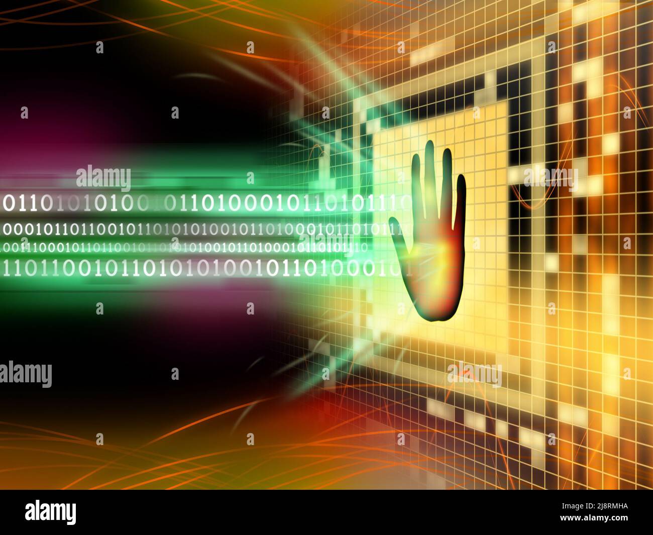 Softwareschutz blockiert einen binären Code-Stream. Digitale Illustration. Stockfoto