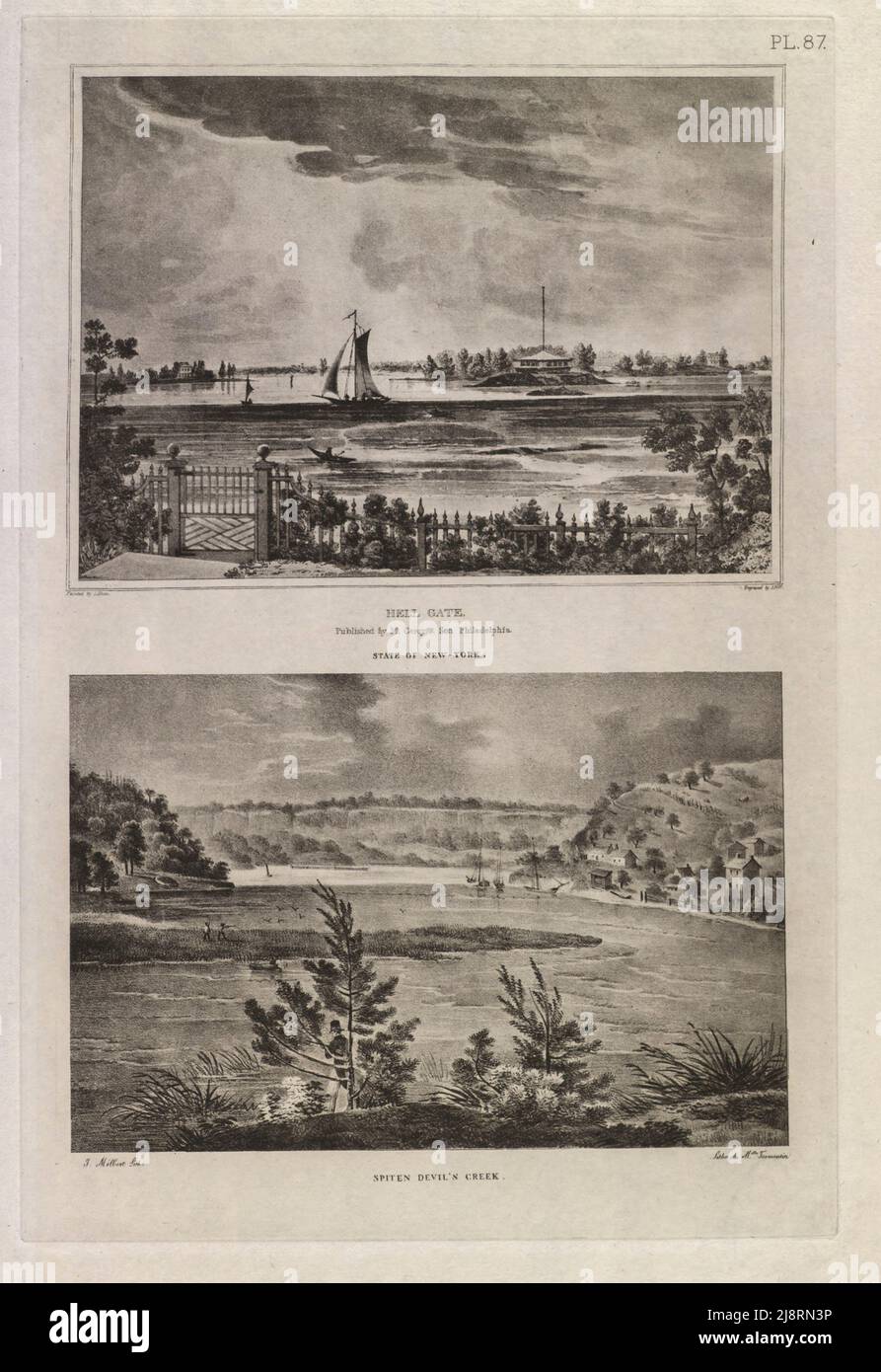 HELL GATE 1819 (Oben) Spiten Devil’s Creek 1819 (Unten) die Ikonographie von Manhattan Island, 1498-1909, zusammengestellt aus Originalquellen und illustriert durch Foto-Tiefdruck-Reproduktionen wichtiger Karten, Pläne, Ansichten und Dokumente in öffentlichen und privaten Sammlungen - Band 3 von Isaac Newton Phelps Stokes, Publisher New York : Robert H. Dodd 1918 Stockfoto