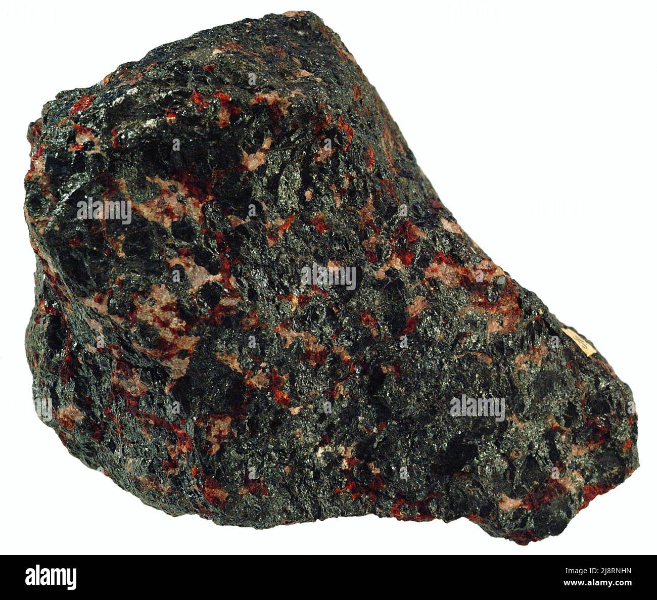 Franklinit mit Zinzit. Franklinit, (Zn,Fe,Mn)(Fe,Mn)2O4 (Zinkeisen-Manganoxid) und Zincit, ZnO (Zinkoxid), sind in den meisten Teilen Mineralien einer Lokalität. Beide sind reichlich in Franklin, New Jersey, zu finden. Stockfoto